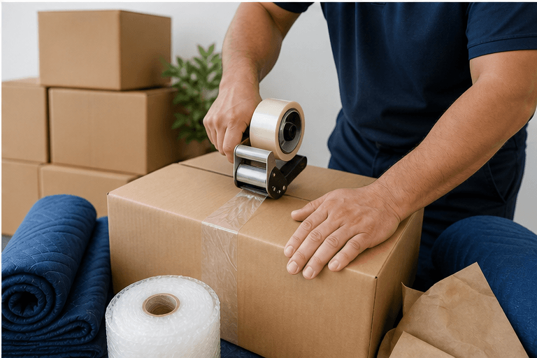 Mover packing boxes with moving supplies