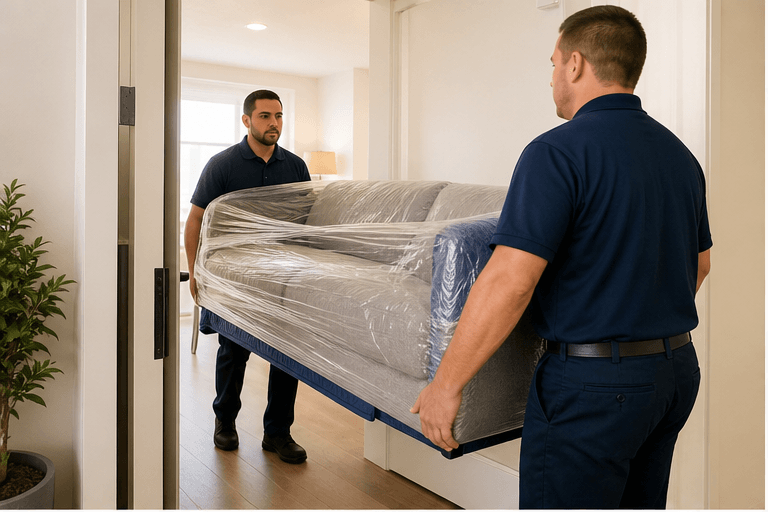 Residential movers carrying wrapped furniture