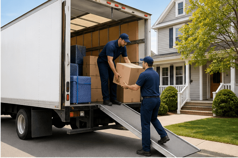 Moving truck being loaded at a home